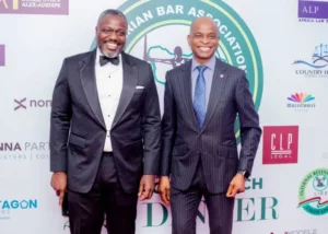 Polaris Bank CEO Adekunle Sonola (right) with the Chairman of the NBA Lagos Dinner Committee, Adeleke Alex-Adedipe, during the branch annual law dinner event, which was held in Lagos at the weekend.